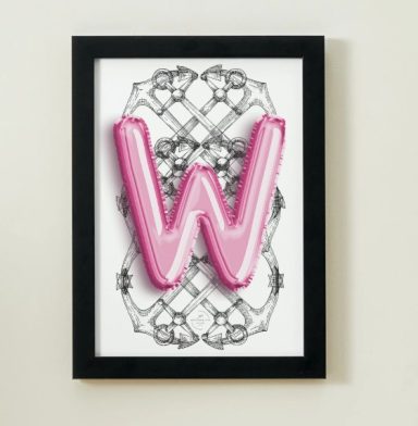 Loveable W Anchor Loveable W Anchor Framed artwork. Blueprinted Anchors overlayed behind a helium style balloon, pink letter W.